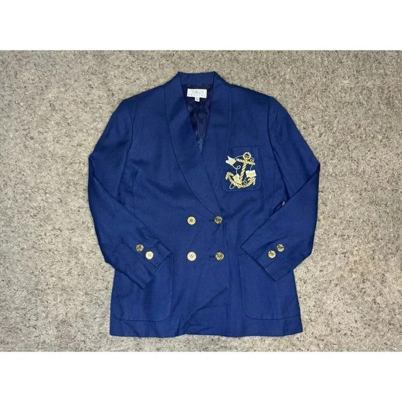 TALBOTS VINTAGE Women Petite Navy Double Breasted Nautical Blazer Jacket Linen 6 - Picture 2 of 11